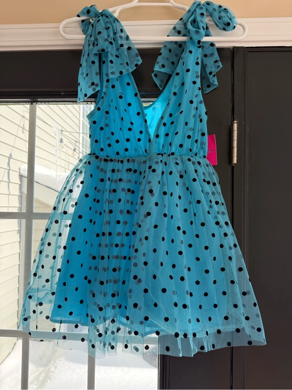 Teal Blue Polka Dot Tulle Party Dress with Black Dots - Picture 7 of 8